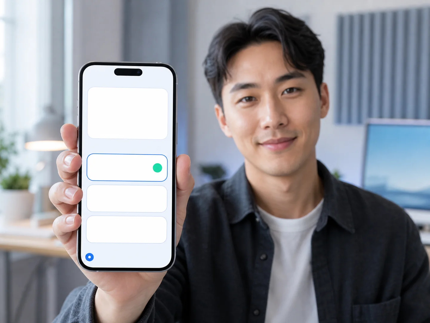 Creator holding a phone with three multiple-choice response options
