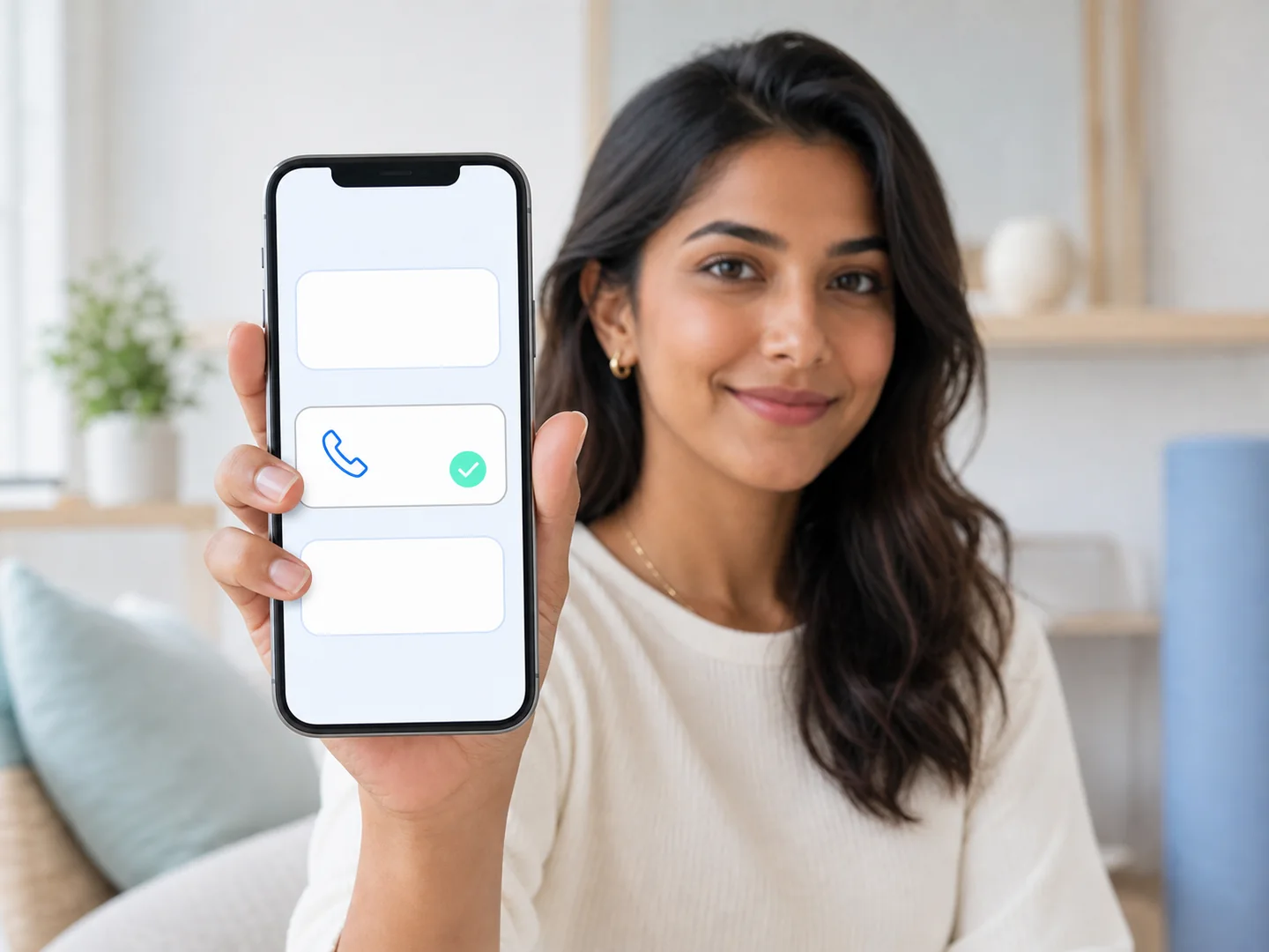 Business owner holding a phone with a contact input and confirmation cue