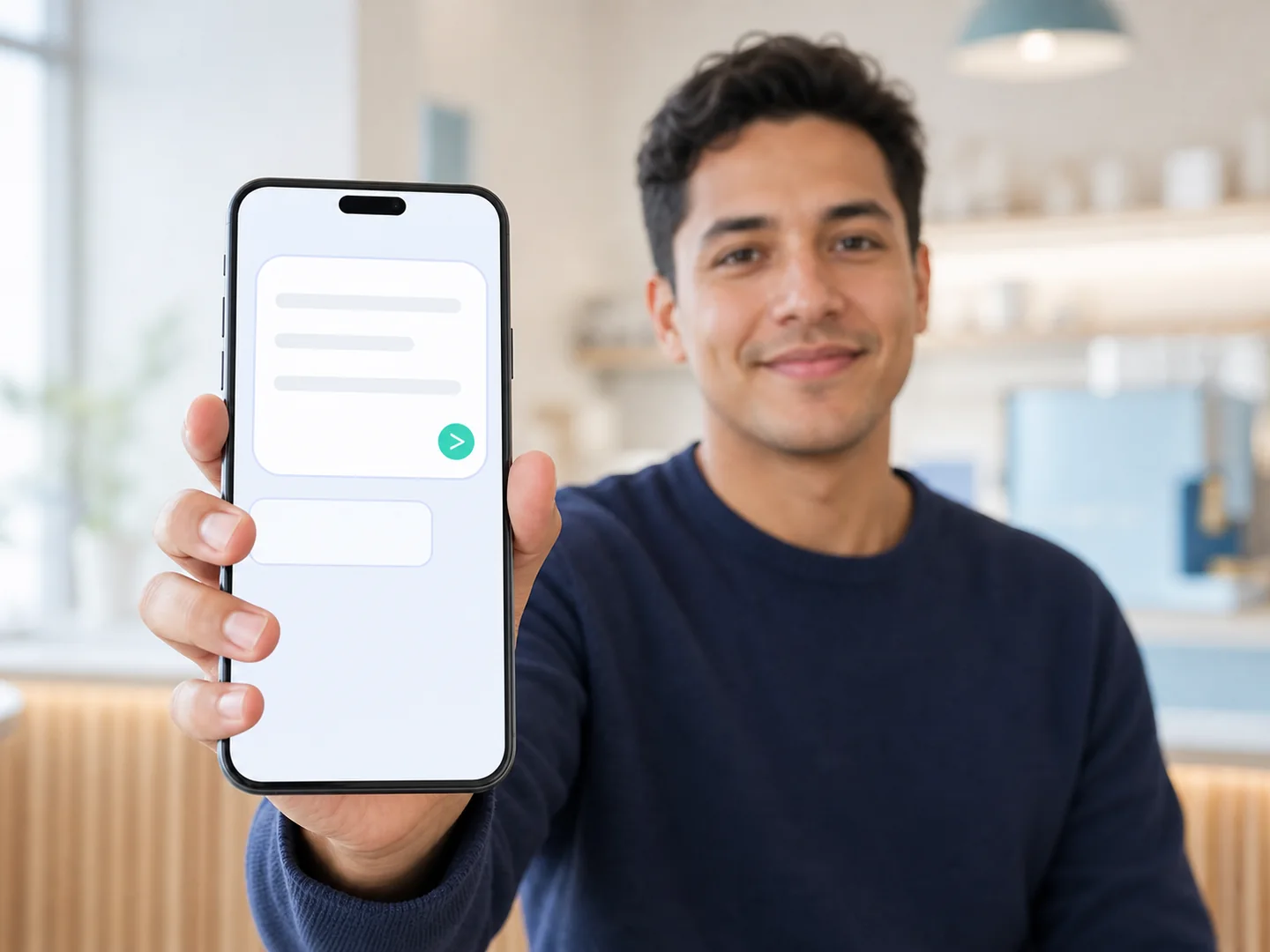 Customer holding a phone with an open-ended message response