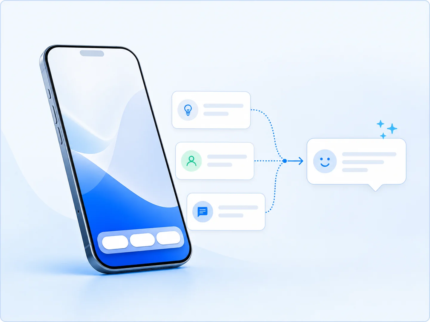 Conceptual phone showing conversation starters and an always-available action menu