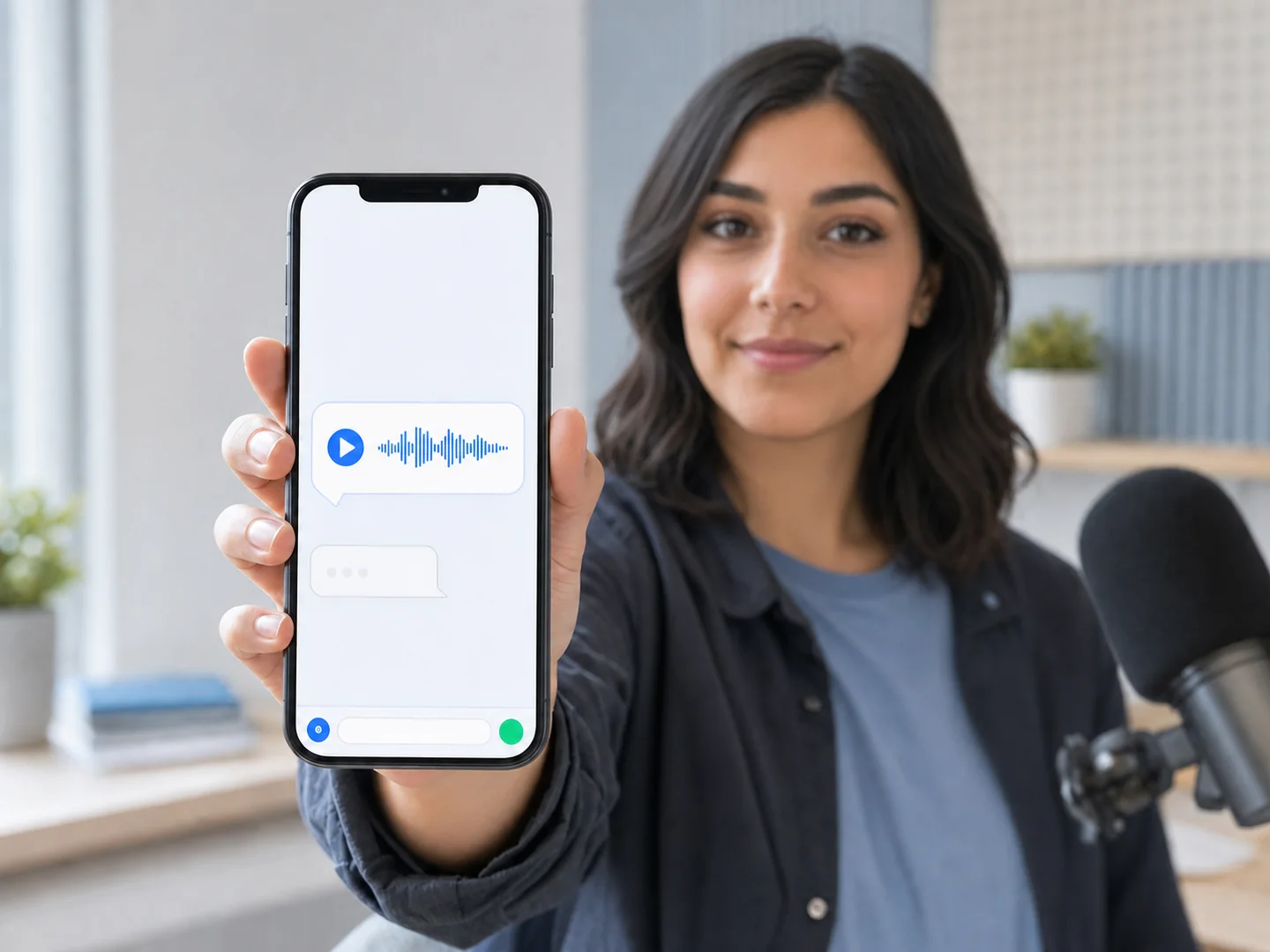 Creator holding a phone with an audio waveform message