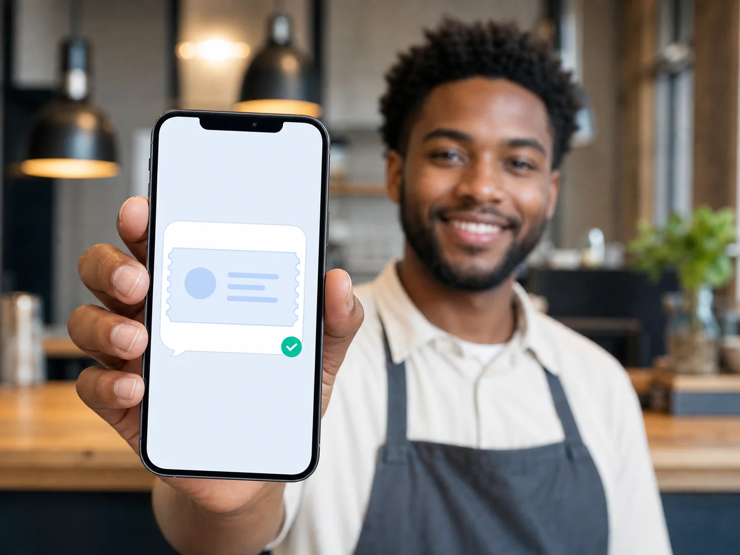 Business owner holding a phone with a promotional offer card inside a message
