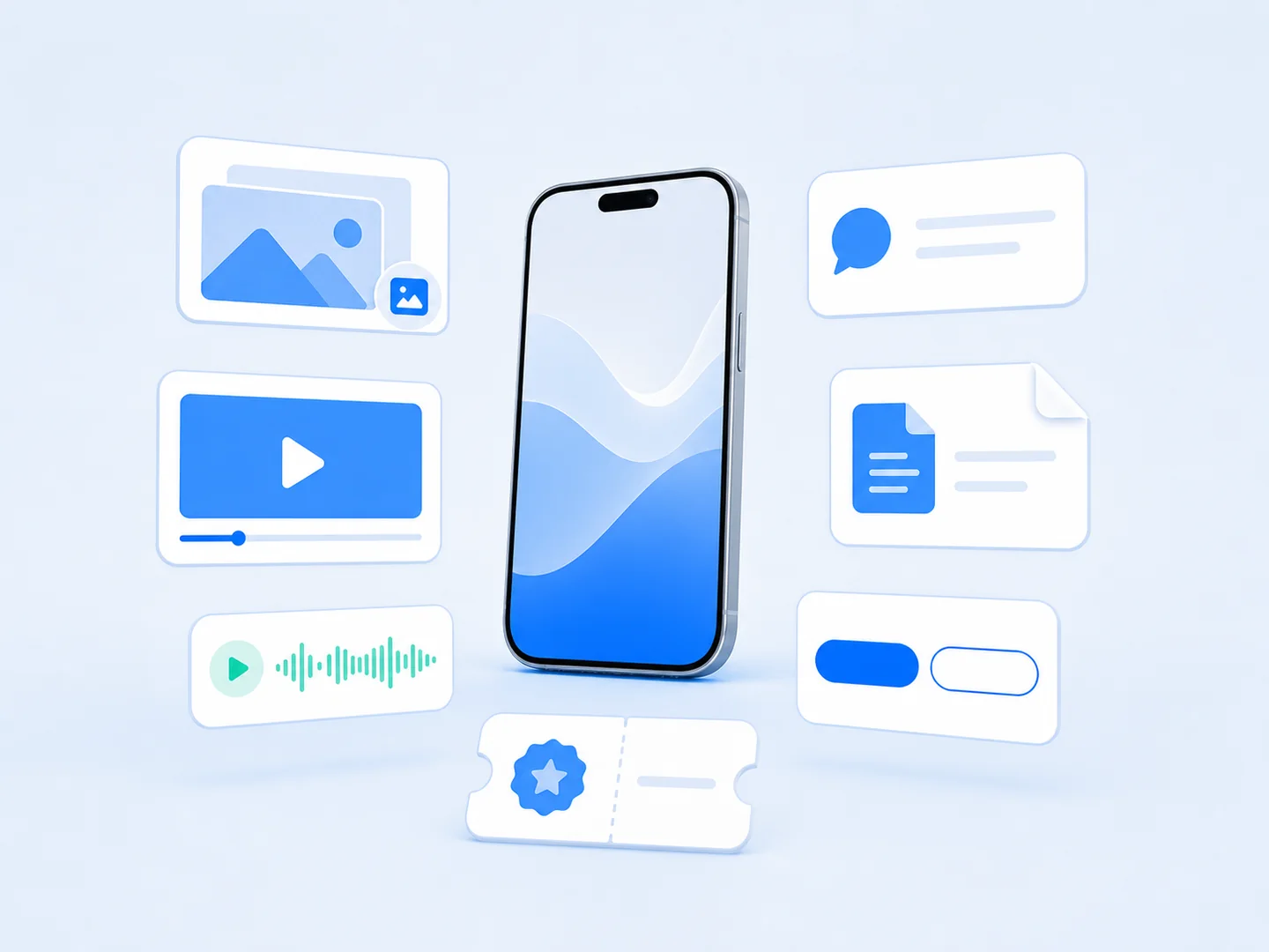 Conceptual phone surrounded by image, button, video, document, audio and text messages